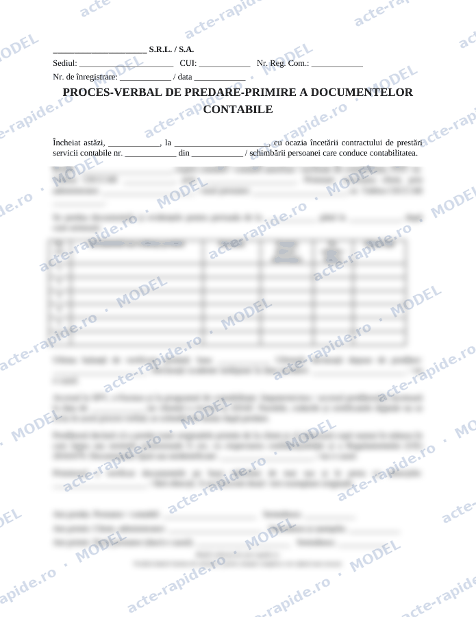 Model proces-verbal de predare-primire a documentelor contabile: prima pagină a modelului, parțial încețoșată