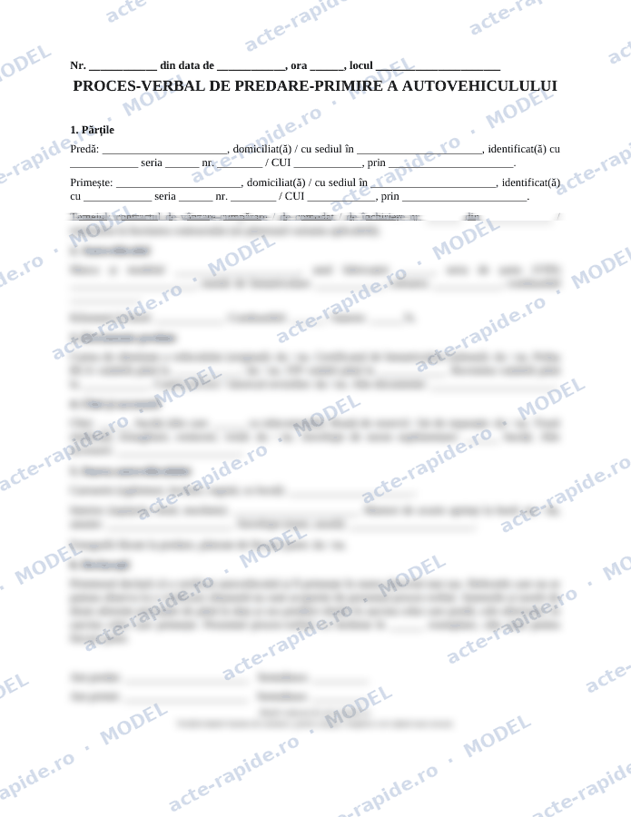 Model proces-verbal de predare-primire auto: prima pagină a modelului, parțial încețoșată