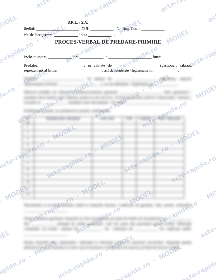 Model proces-verbal de predare-primire bunuri: prima pagină a modelului, parțial încețoșată