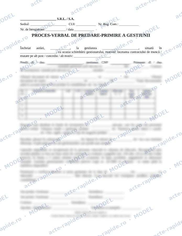Model proces-verbal de predare-primire a gestiunii: prima pagină a modelului, parțial încețoșată