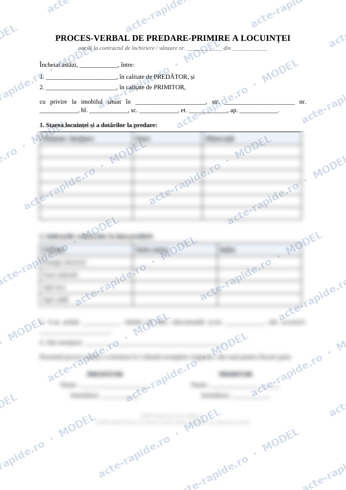 Model proces-verbal de predare-primire a locuinței: prima pagină a modelului, parțial încețoșată