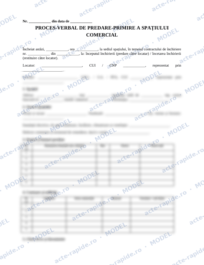 Model proces-verbal de predare-primire a spațiului comercial: prima pagină a modelului, parțial încețoșată