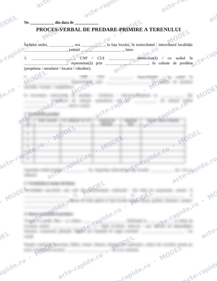 Model proces-verbal de predare-primire a terenului: prima pagină a modelului, parțial încețoșată