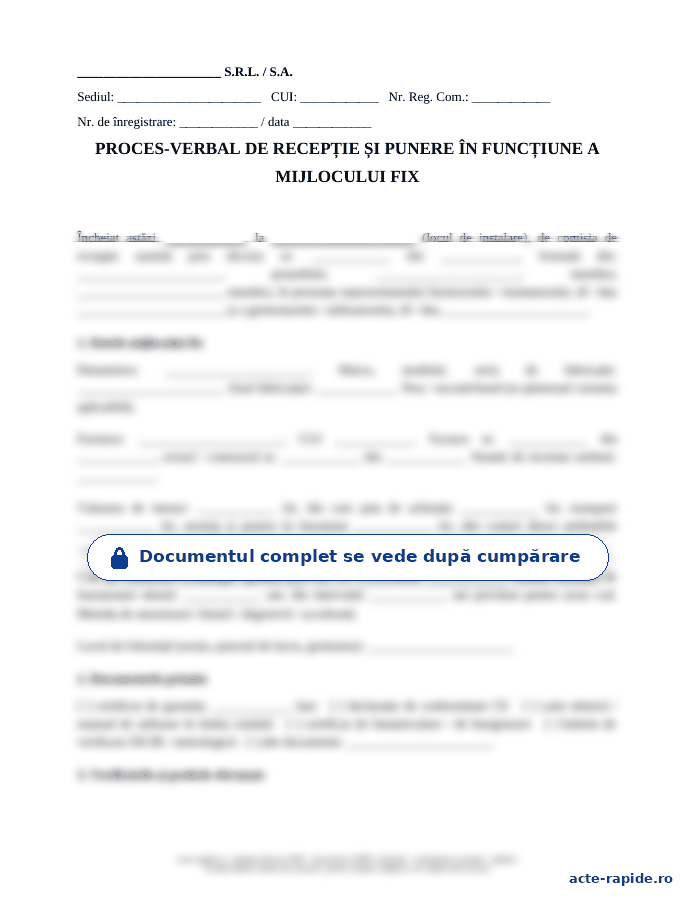 Model proces-verbal de punere în funcțiune: prima pagină a modelului, parțial încețoșată