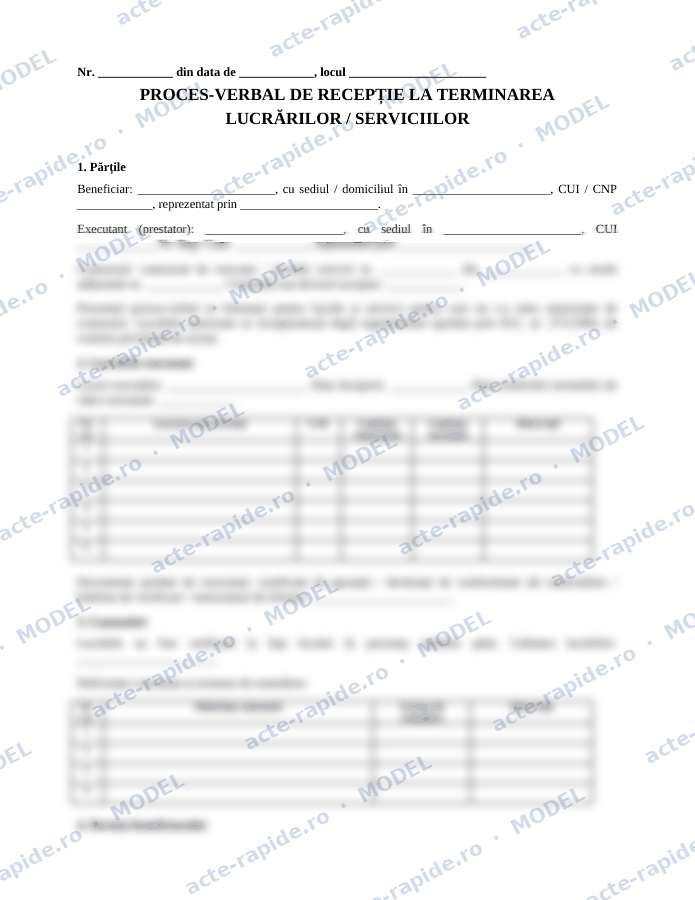 Model proces-verbal de recepție a lucrărilor: prima pagină a modelului, parțial încețoșată