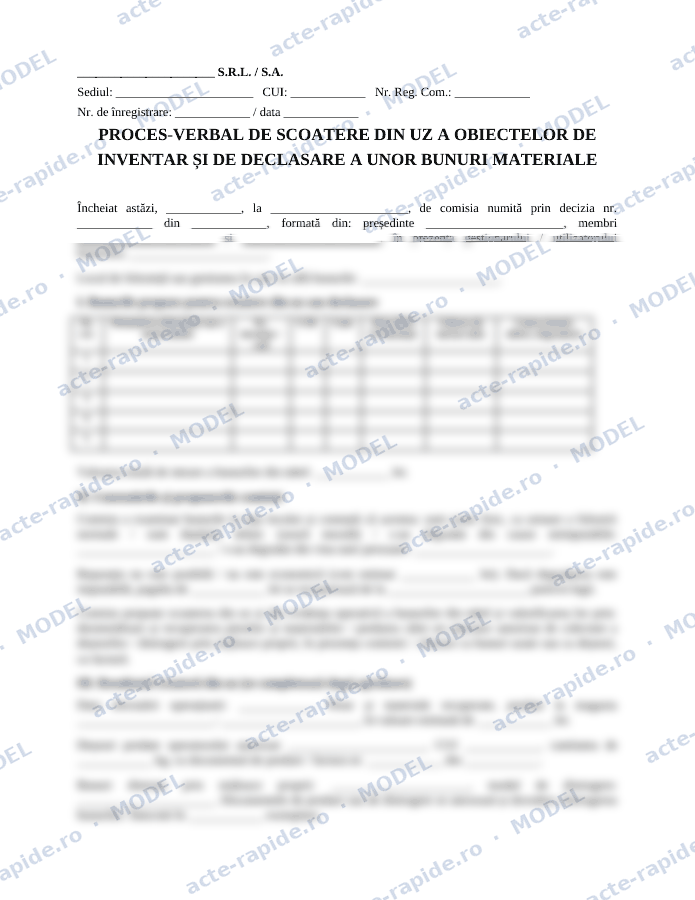 Model proces-verbal de scoatere din uz: prima pagină a modelului, parțial încețoșată