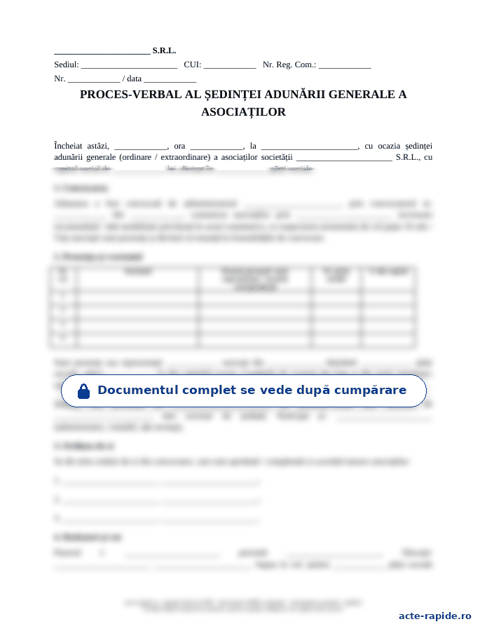 Model proces-verbal ședință AGA SRL: prima pagină a modelului, parțial încețoșată