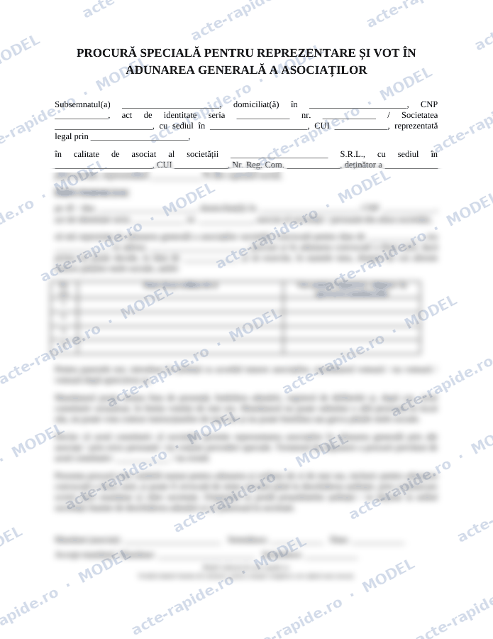 Model procură specială pentru reprezentare și vot în AGA SRL: prima pagină a modelului, parțial încețoșată