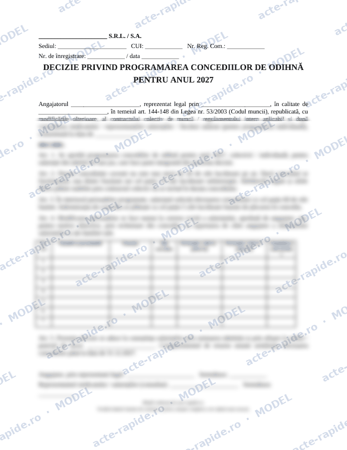 Model programare concedii de odihnă pe 2027: prima pagină a modelului, parțial încețoșată