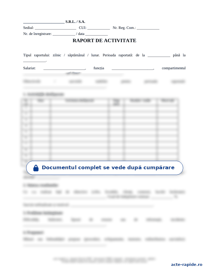 Model raport de activitate: prima pagină a modelului, parțial încețoșată