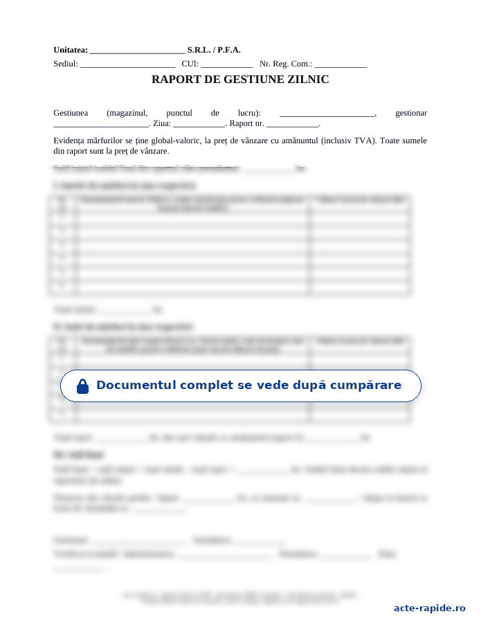 Model raport de gestiune zilnic: prima pagină a modelului, parțial încețoșată