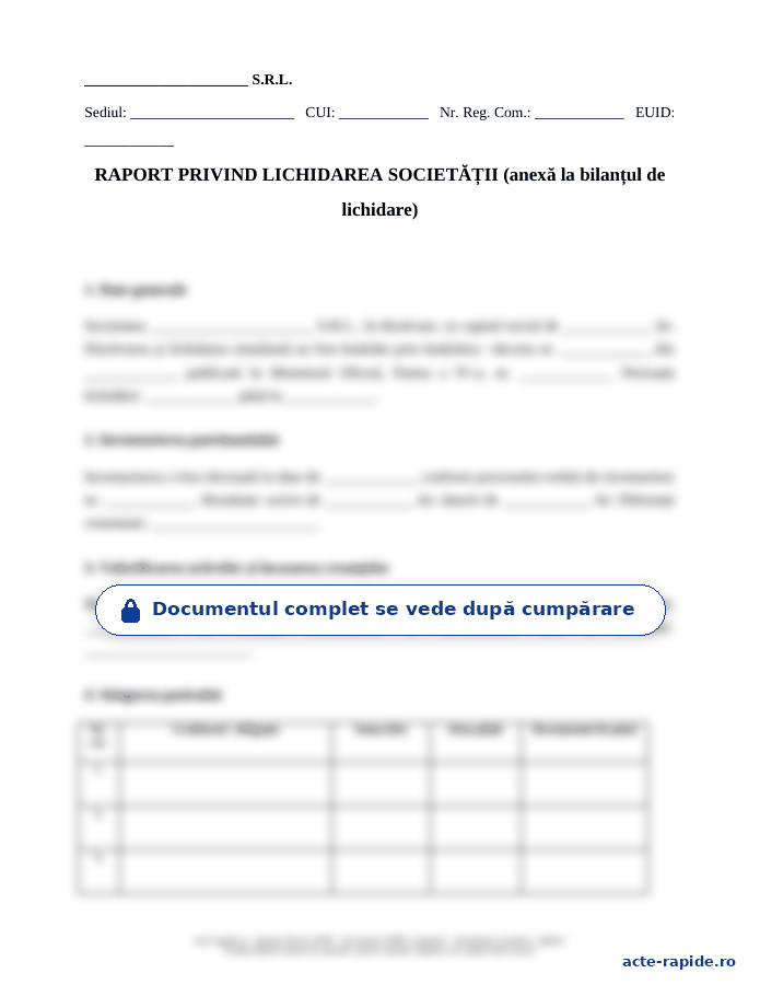 Model raport privind lichidarea societății: prima pagină a modelului, parțial încețoșată