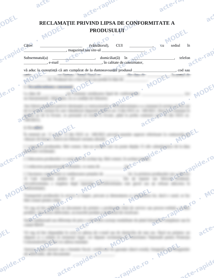 Model reclamație produs neconform: prima pagină a modelului, parțial încețoșată