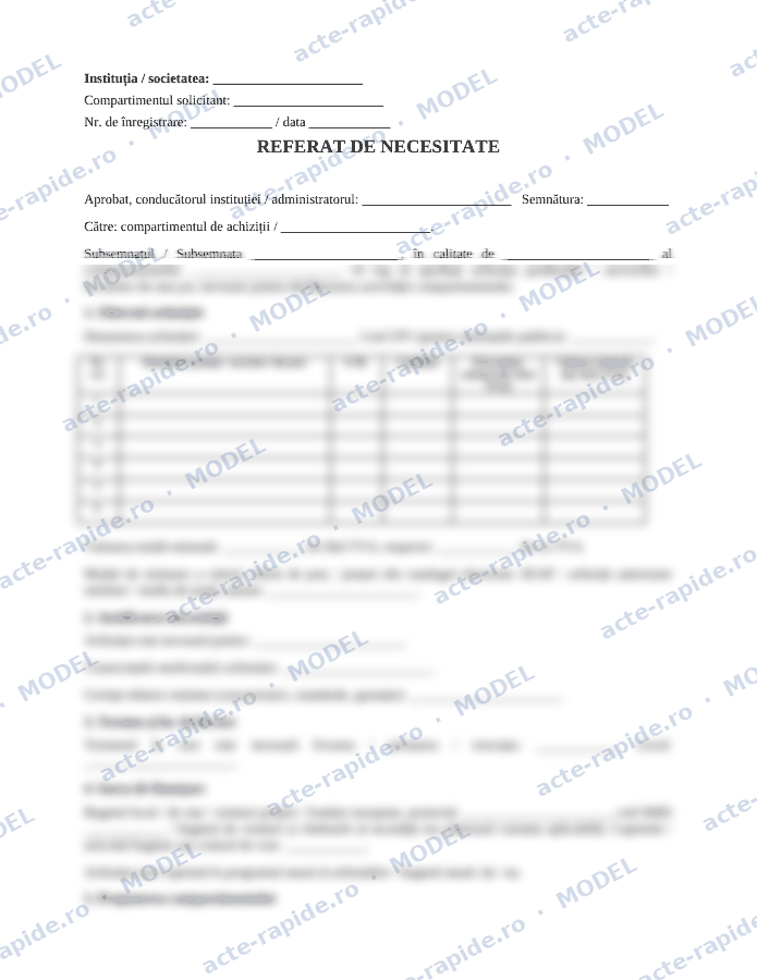 Model referat de necesitate pentru achiziții: prima pagină a modelului, parțial încețoșată