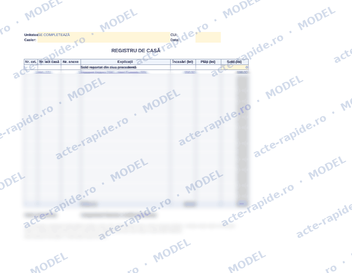 Model registru de casă în Excel: prima pagină a modelului, parțial încețoșată