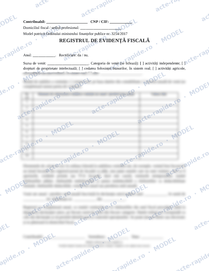 Model registru de evidență fiscală: prima pagină a modelului, parțial încețoșată