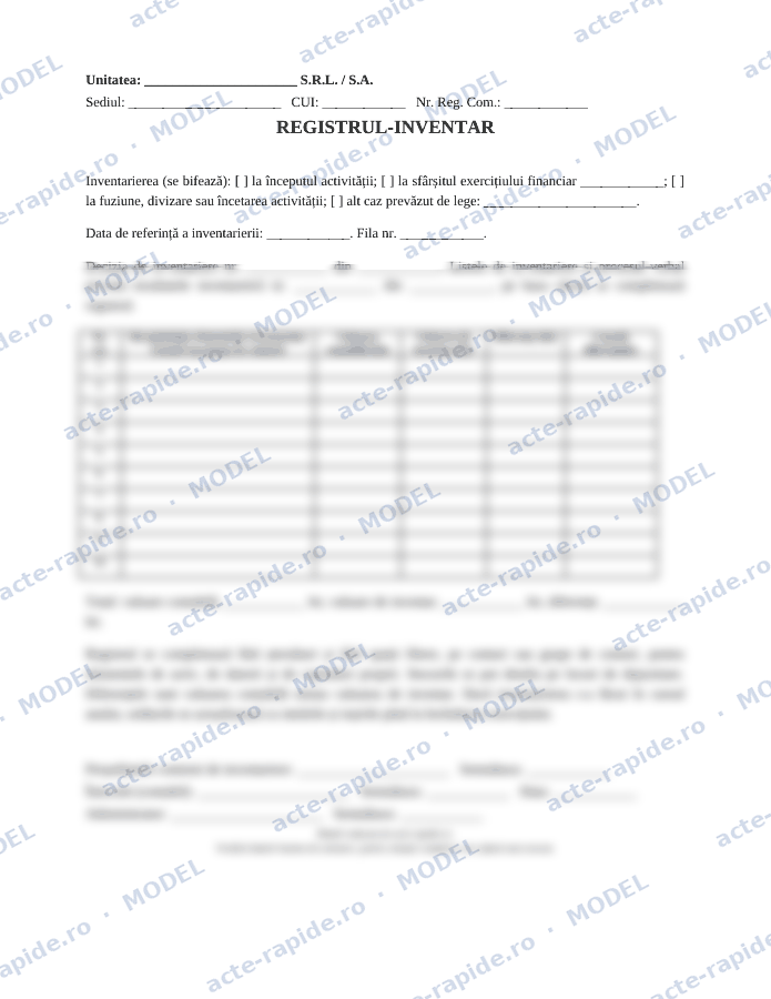 Model registru-inventar: prima pagină a modelului, parțial încețoșată