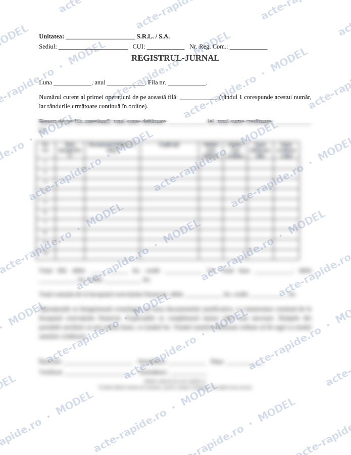 Model registru-jurnal: prima pagină a modelului, parțial încețoșată