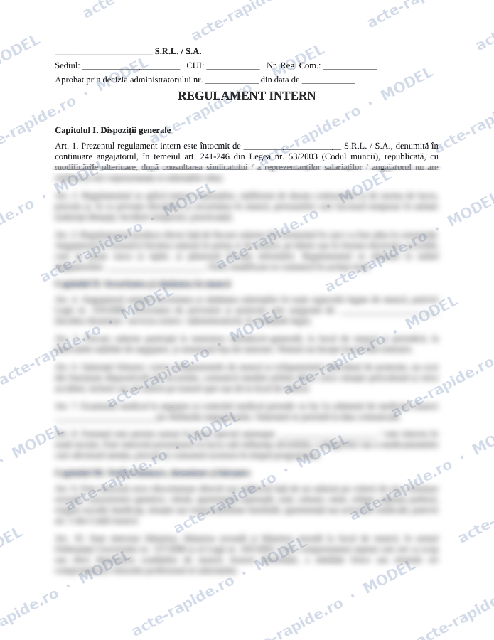 Model regulament intern: prima pagină a modelului, parțial încețoșată