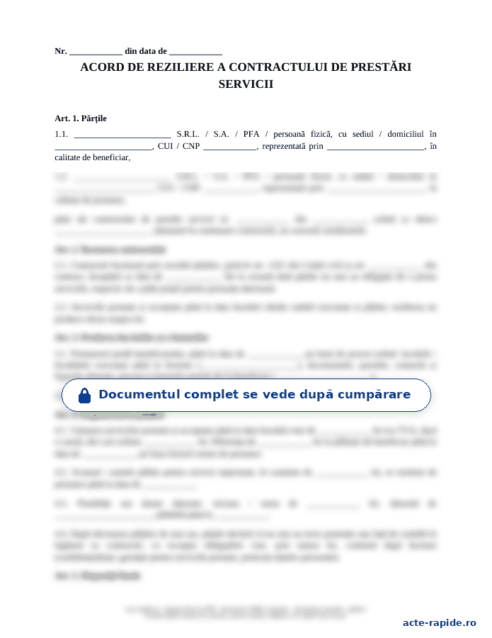 Model reziliere contract prestări servicii: prima pagină a modelului, parțial încețoșată