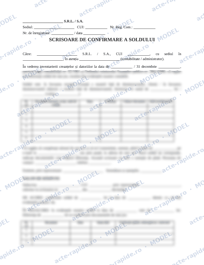 Model scrisoare de confirmare a soldului: prima pagină a modelului, parțial încețoșată