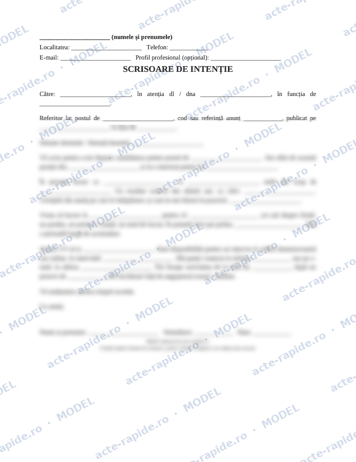 Model scrisoare de intenție: prima pagină a modelului, parțial încețoșată