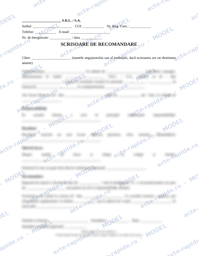 Model scrisoare de recomandare: prima pagină a modelului, parțial încețoșată