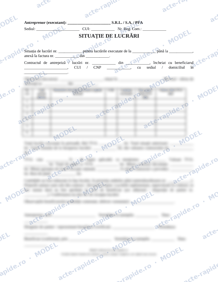 Model situație de lucrări: prima pagină a modelului, parțial încețoșată