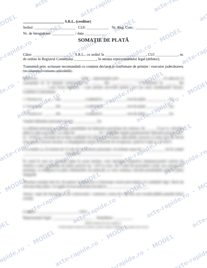 Model somație de plată pentru facturi neplătite: prima pagină a modelului, parțial încețoșată