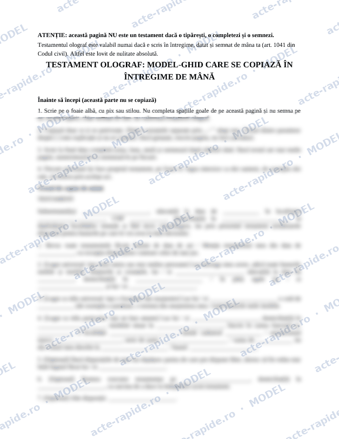 Model testament olograf: prima pagină a modelului, parțial încețoșată