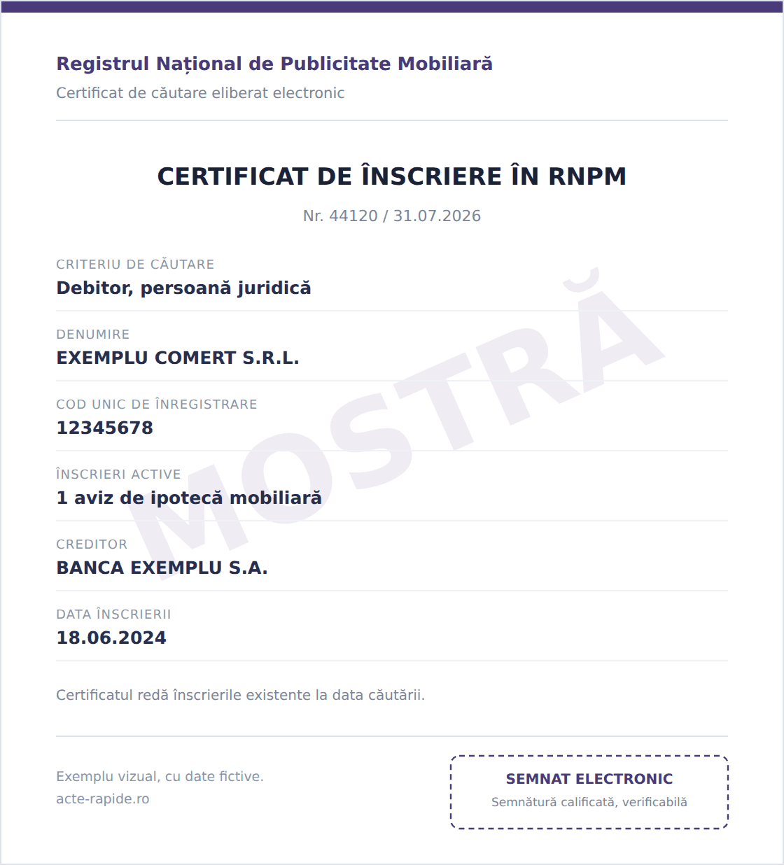 Mostră Verificare RNPM (gaj, leasing), exemplu vizual cu date fictive